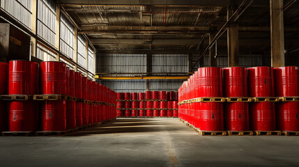 A warehouse is storing rows of red barrels, Warehouse with red barrels on wooden pallets, generative ai