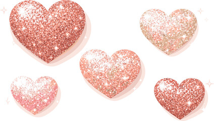 Glittering Heart Shapes. Sparkling heart shapes shimmering with fine glitter texture and soft radiant glow, modern flat vector