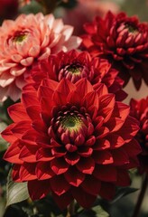 Vibrant red dahlias in bloom under sunlight with lush green leaves