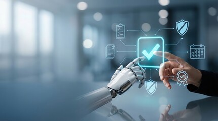 Human and robot hands touching digital checkmark, AI collaboration