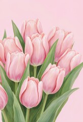 Bouquet of pink tulips with lush green leaves on soft pink background