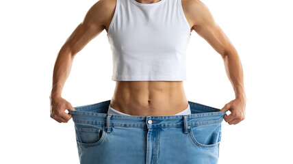 Woman showing weight loss by holding loose jeans on slim body isolated on white background
