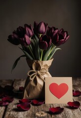 Rustic love display: dark tulips and heart card with petals on wooden table