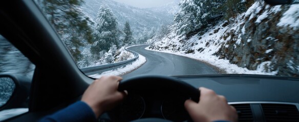 the driver cautiously maneuvers the treacherous snowy mountain road feeling intense focus and anxiety