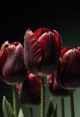 Close-up of red tulips with dewdrops against dark background