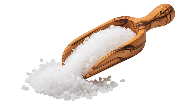 Wooden scoop filled with coarse sea salt isolated on white background
