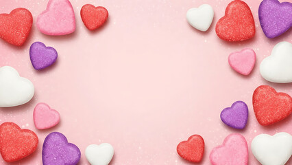 Fototapeta premium A pink background with colorful hearts scattered around the edges, creating a festive and playful atmosphere.
