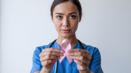 Healthcare Worker Holding Pink Ribbon Image for Breast Cancer Awareness and World Cancer Day Support