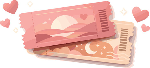 Romantic Event Tickets. Elegant event tickets arranged with soft heart accents and gentle glow suggesting a romantic experience,