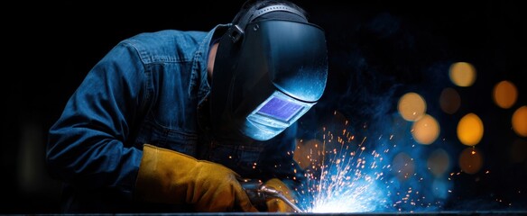 The mechanic dances with fire welding metal parts as sparks twinkle like stars.