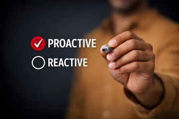 Proactive or reactive solution initiative concept. Person ticking a checkbox with the text proactive.