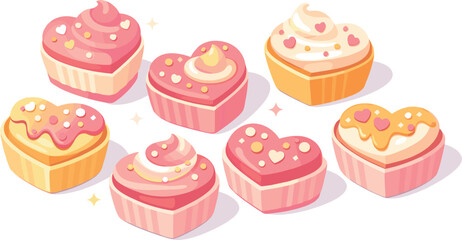 Colorful Heart Cupcakes. Colorful heart-shaped cupcakes arranged playfully with soft highlights and gentle shine, modern flat