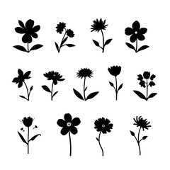 Black flower silhouettes collection featuring various simple botanical shapes isolated on a white background for decorative and design use.