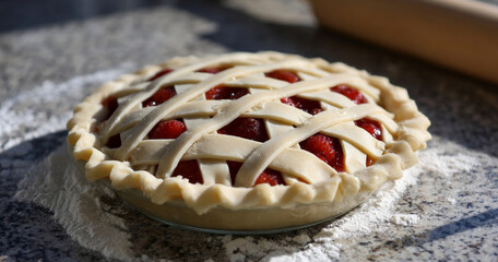 Unbaked homemade cherry pie with lattice crust on floured granite countertop in natural light