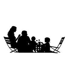 Family silhouette with parents and children sitting together outdoors, enjoying leisure time and bonding in a natural setting