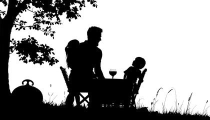 Silhouette of Family Picnic: In the quietude of a silhouette, a family moment unfolds. A parent and child are seated together for an intimate picnic.