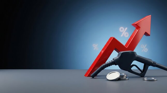 Rising fuel prices shown by gas pump nozzle and upward arrow