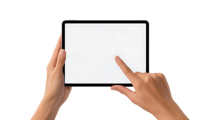 Hands holding digital tablet with blank screen isolated on white background

