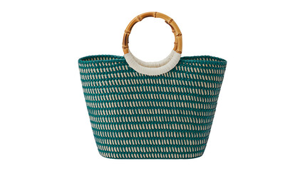 Woven straw beach bag with round handles isolated on white background
