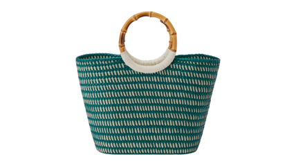 Woven straw beach bag with round handles isolated on white background
