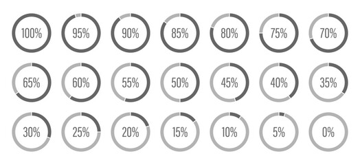 Circle diagrams icons for infographics from 100 to 0 percent. Template of dark gray and gray color fill pie charts indicator. Round graph loading progress set. Light black progress bars.
