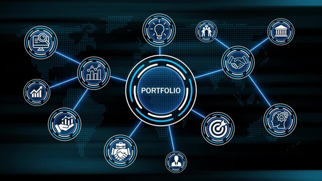 portfolio Return on investment financial growth concept. Business, Technology, Internet and network concept ,Abstract technology symbols on a map background.
