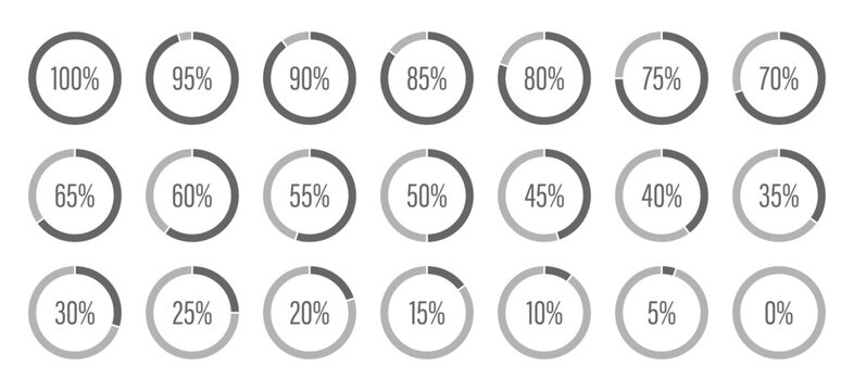 Circle diagrams icons for infographics from 100 to 0 percent. Template of dark gray and gray color fill pie charts indicator. Round graph loading progress set. Light black progress bars.