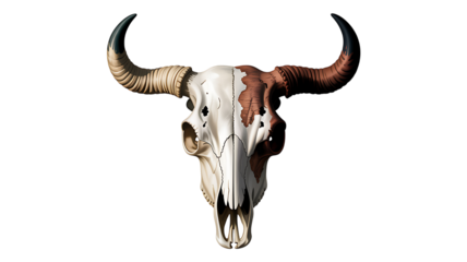 Bull skull with long horns isolated on white background showing animal strength and nature
