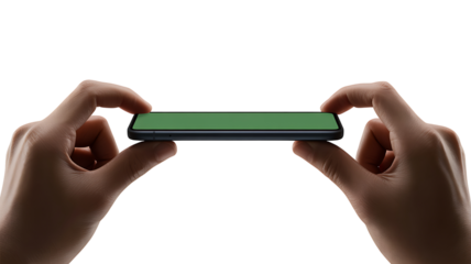 Hands holding modern smartphone horizontally isolated on white background for mobile concept
