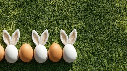 Creative easter eggs with bunny ears on green grass