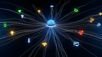 Smart home central hub connecting various wireless devices through glowing network lines