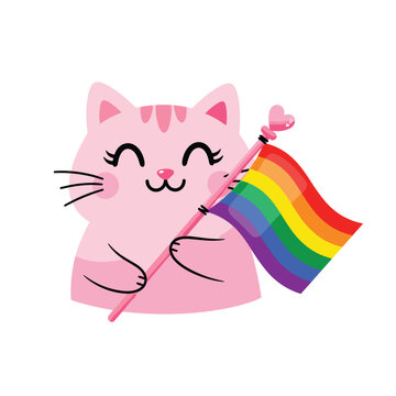 Pink Cat with Rainbow Flag Illustration