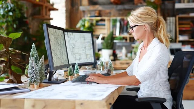 Woman working at desk with dual monitors near greenery plants