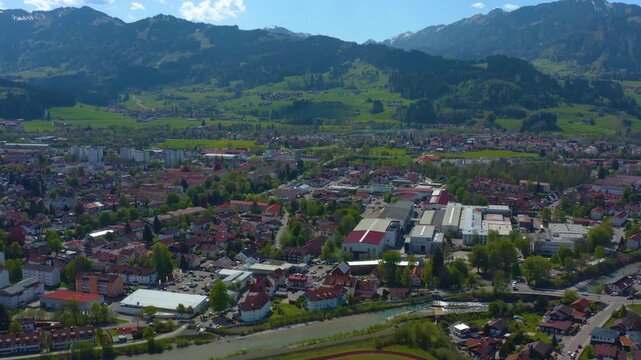 Aerial view of the city Sonthofen in Germany, Bavaria on a sunny spring day 