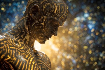 Golden cybernetic human figure with circuit patterns amidst glowing abstract background