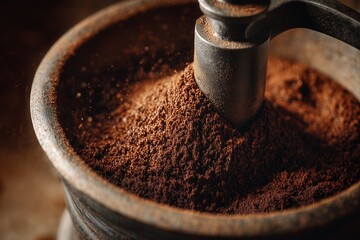 Close-up of freshly ground coffee in vintage manual grinder