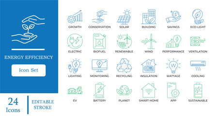 Energy Efficiency Line Icons. Featuring solar power, electric vehicles, smart home, and renewable energy symbols. Editable vector for green technology apps and sustainability marketing. © Princi-icons