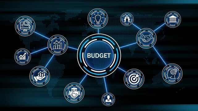 budget Return on investment financial growth concept. Business, Technology, Internet and network concept ,Abstract technology symbols on a map background.
