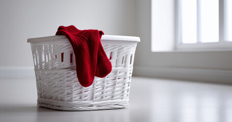 White laundry basket with a pair of red socks draped over the edge in a bright, minimalistic room with natural light from a window