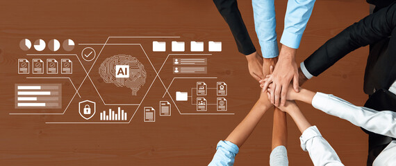 Dynamic image of diverse hands joining together over a wooden table. The visual emphasizes teamwork, collaboration, and artificial intelligence in a modern business setting. Gantry