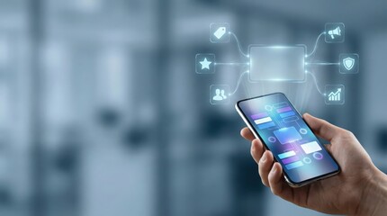 Hand holding smartphone with digital app interface and network icons