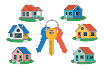 A set of colorful house keys connected to multiple houses representing real estate or property ownership