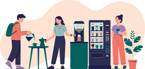 A group of young adults enjoying coffee and snacks from vending machines in a modern setting