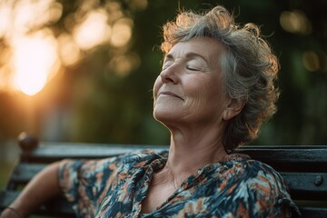 Elderly caucasian woman relaxing on bench at sunset with eyes closed