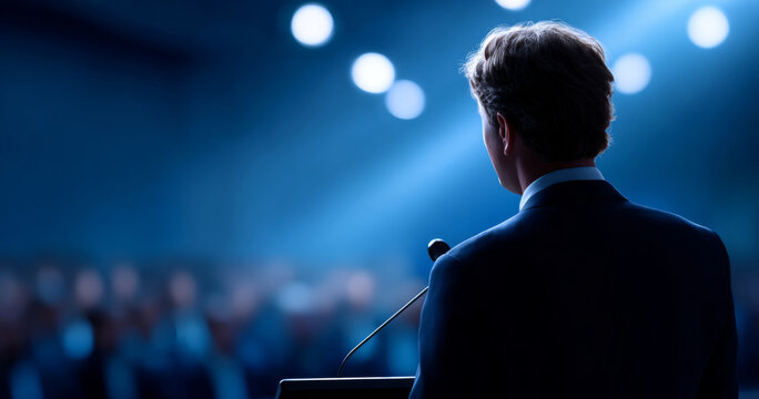 Businessman delivering speech on stage in front of audience under bright spotlights in conference or seminar setting