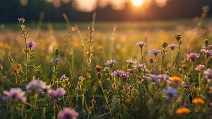 Wild flowers in a meadow at sunset, macro photography with shallow depth of field, capturing abstract August summer nature, vibrant colors, and serene floral beauty