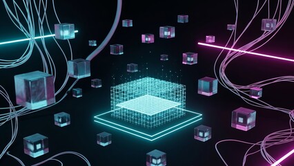 Abstract digital data cubes and network grid with neon lights and wires in dark space