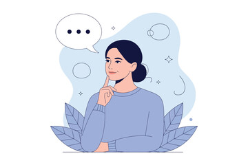 A thoughtful woman with a speech bubble, pondering ideas in a creative and inspiring environment.