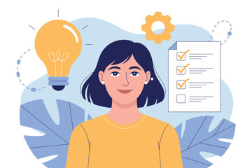 A woman with a thoughtful expression surrounded by symbols of creativity and productivity