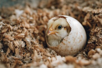 Newly hatched chick emerging from egg in nesting material
